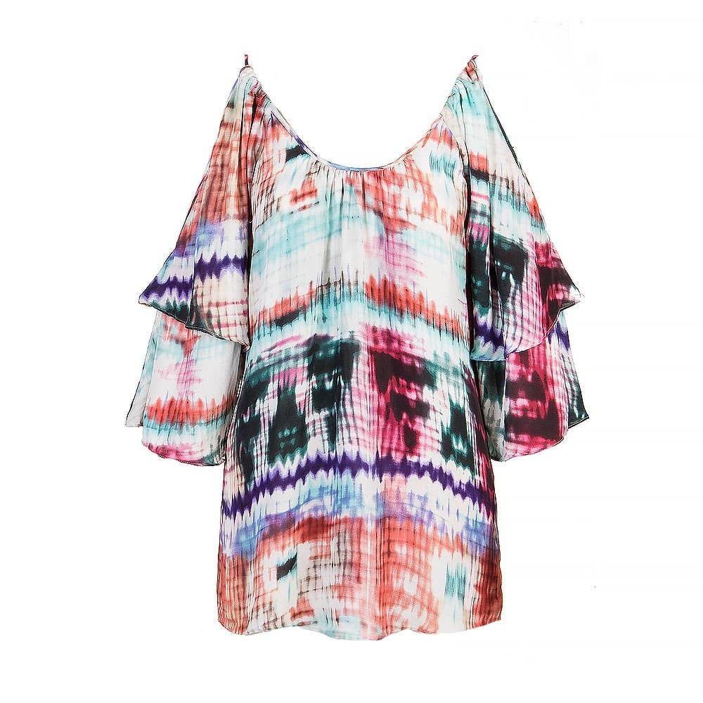 PARKER Cold Shoulder Top Multicolor Tie Dye Print Layered Sleeve Size XS